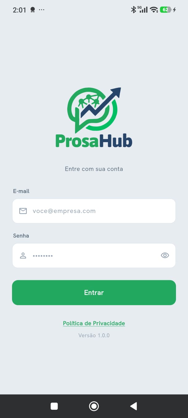Tela de login do aplicativo ProsaHub